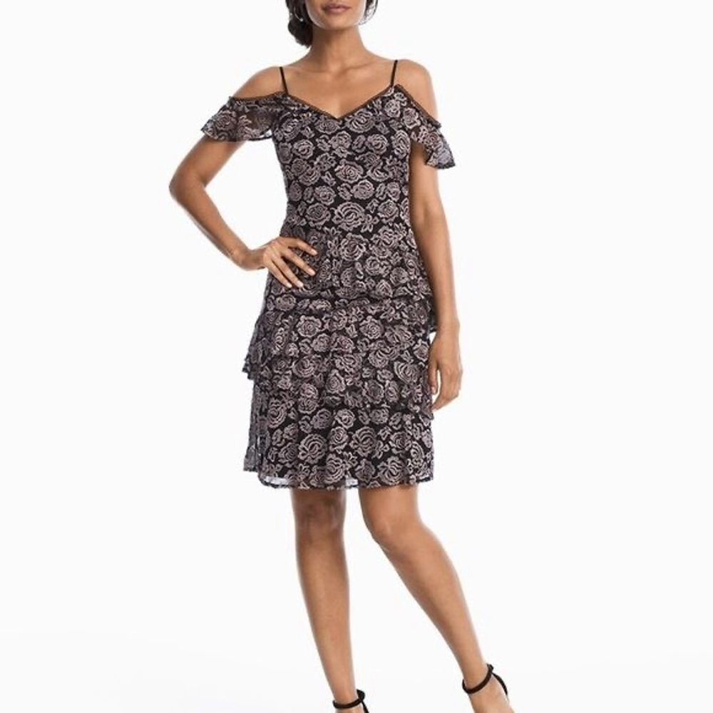 White House Black Market Black Lace Floral Tiered Mini Dress Size 6‎
